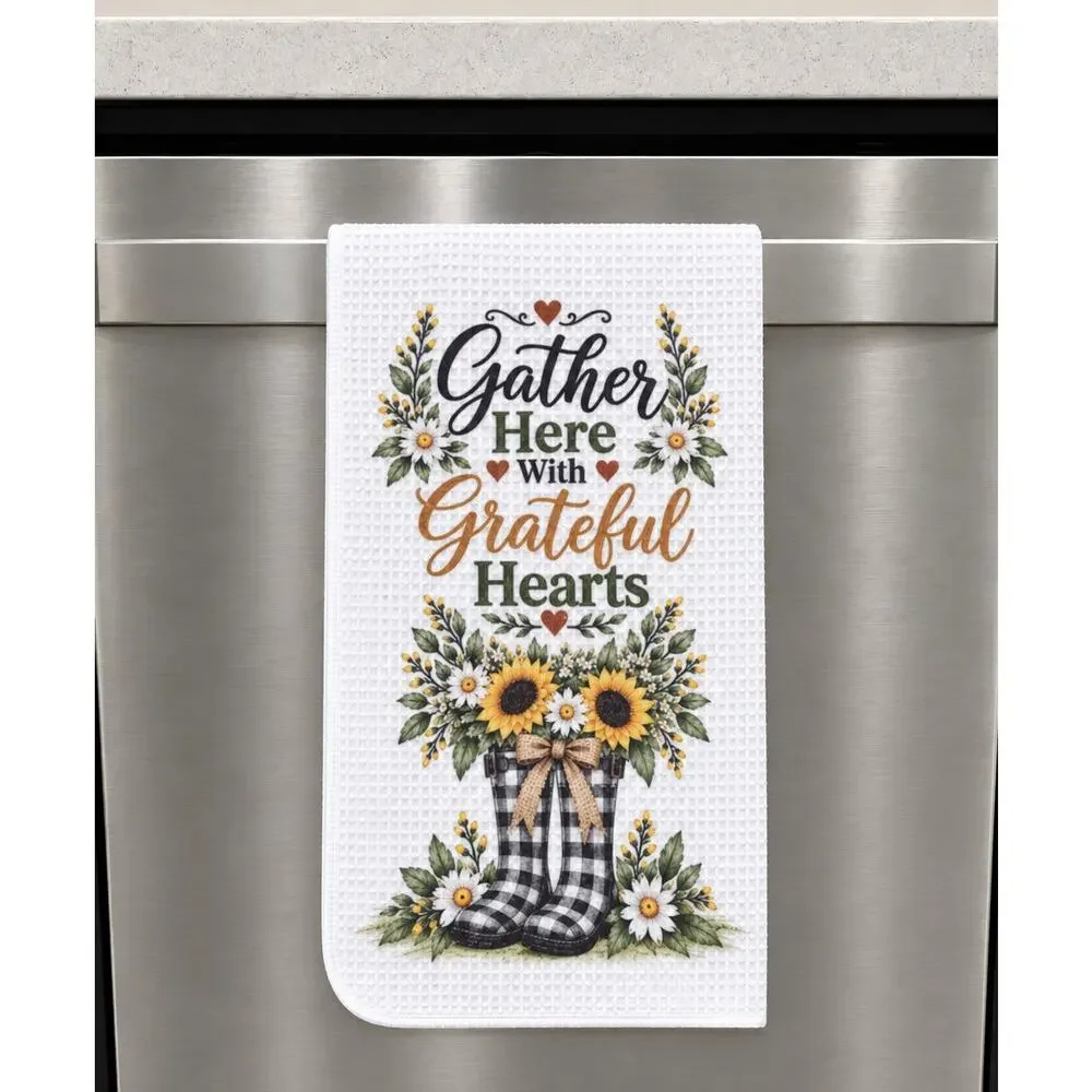 Gather Here With Grateful Hearts Sunflower Farmhouse Kitchen Towel